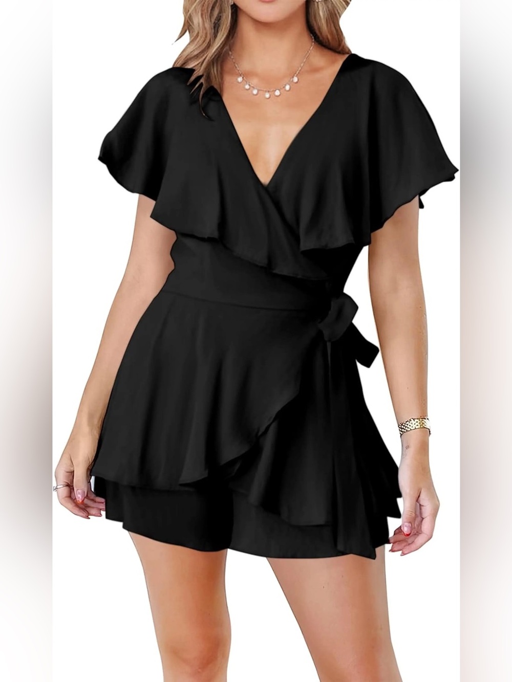DO+BE Black Wrap Short Flutter-Sleeve Blouse